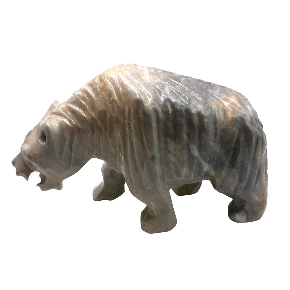 Hand Carved Stone Bear Figurine Gray Tan Polished Ribbed Wildlife Sculpture